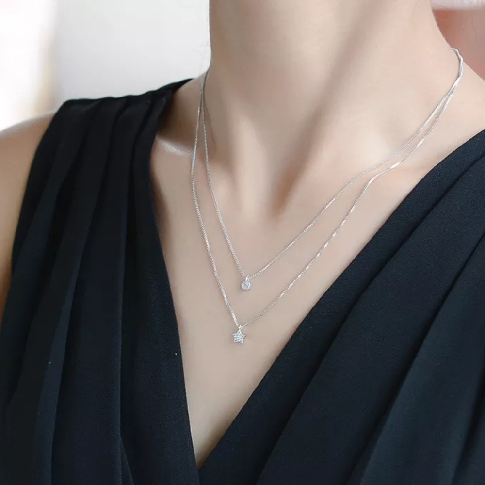 Two Layered Silver Moon Star Necklace